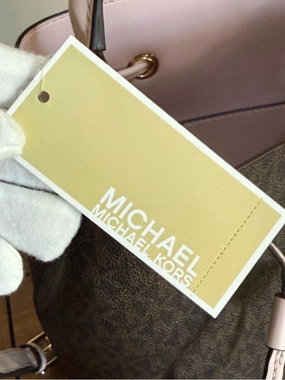 NWT Michael Kors Suri Brown Monogram Bucket Bag with Pale Pink Trim! NEW! - Picture 12 of 15